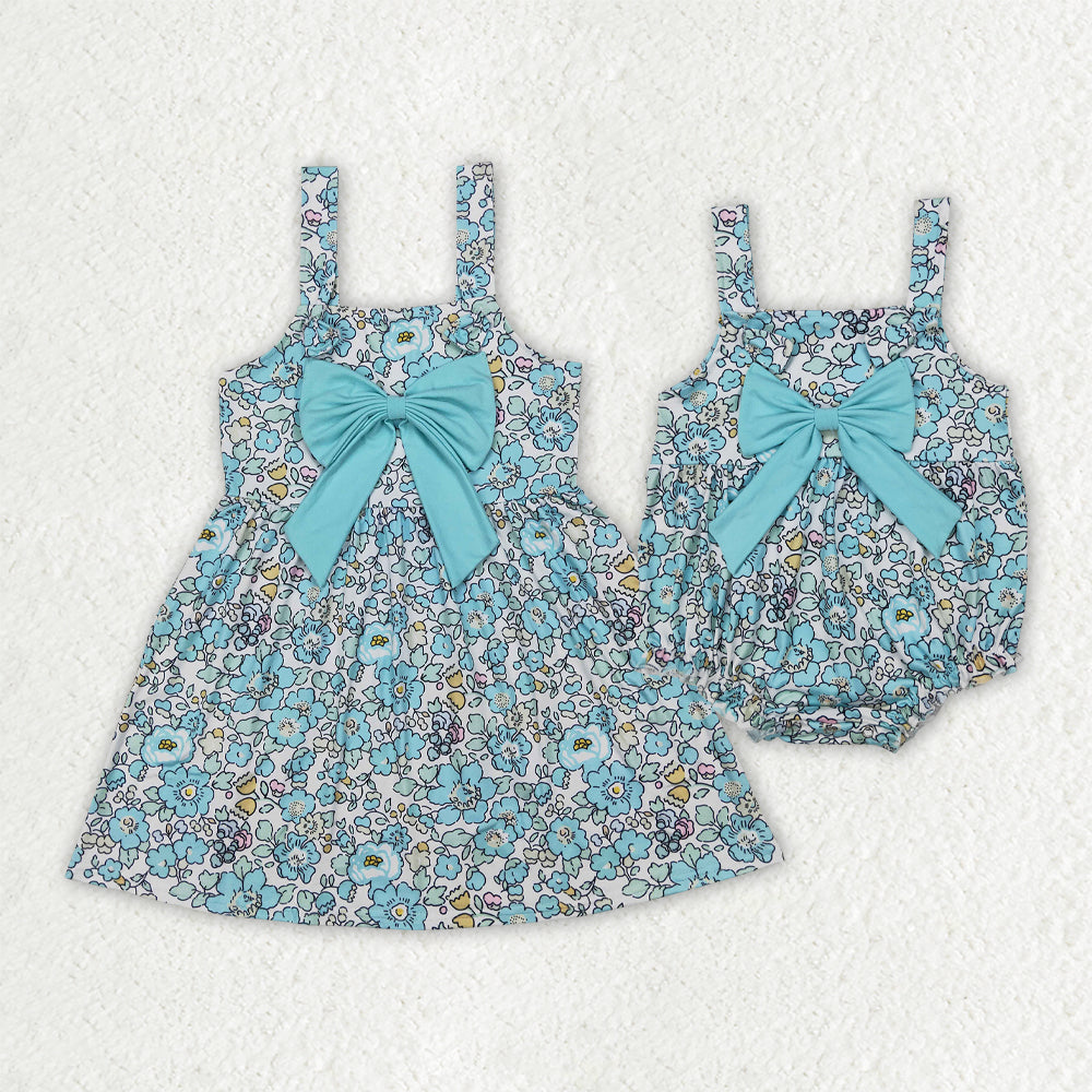 Sibling Baby Girls Blue Flowers Big Bow Rompers Dresses