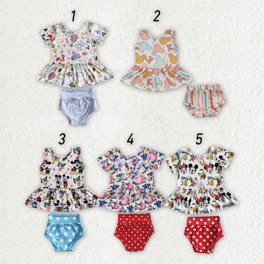 Sibling Baby girls cartoon summer bummie sets