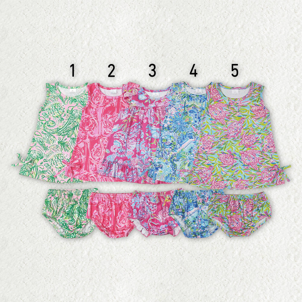 Sibling Baby Girls Flowers Tunic Top Bummies Outfits Sets