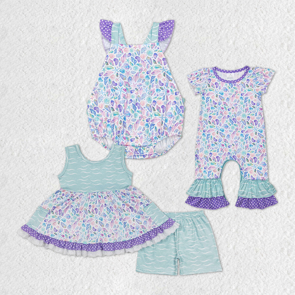 Sibling Baby Girls Summer Sea Shell Rompers Outfits Sets