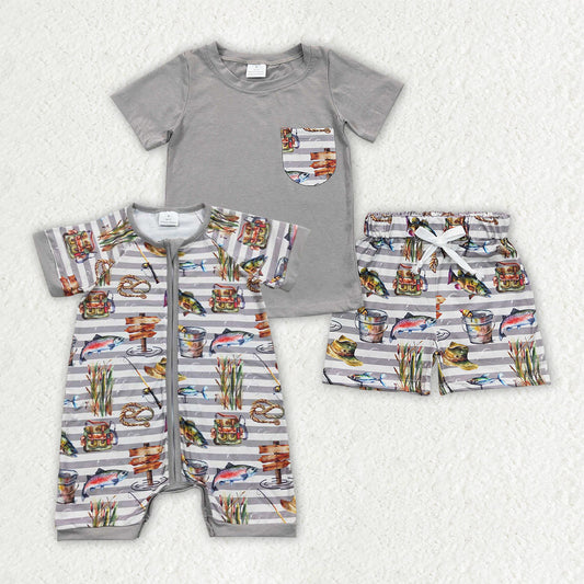 Sibling Baby Boys Fishing Zip Rompers Outfits Sets