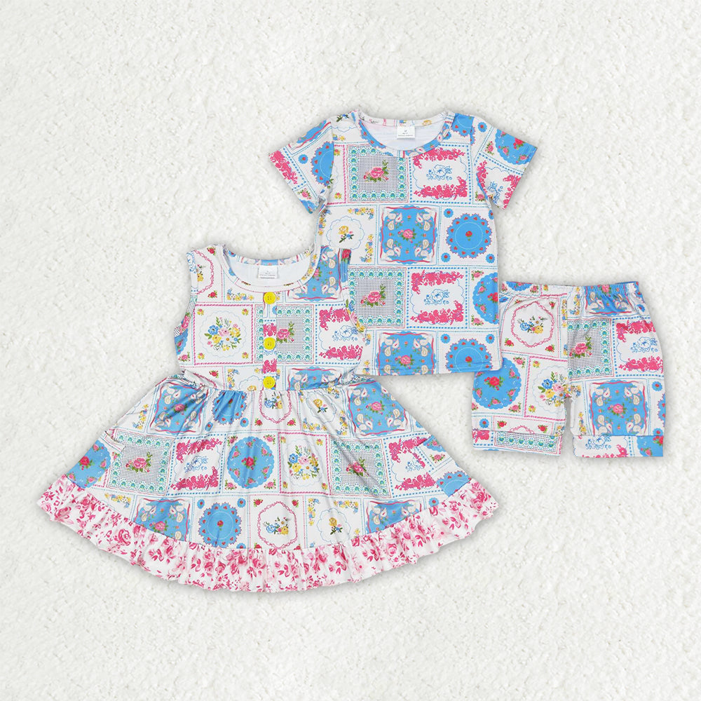 Sibling Baby Girls White Flowers Dresses Pajamas Outfits