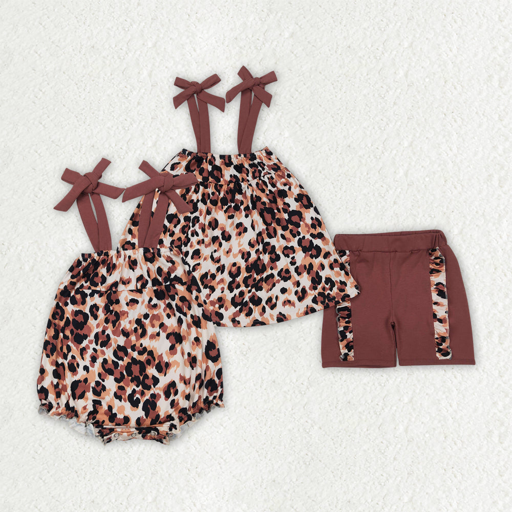 Sibling Baby Girls Brown Bows Strap Leopard Rompers Outfits