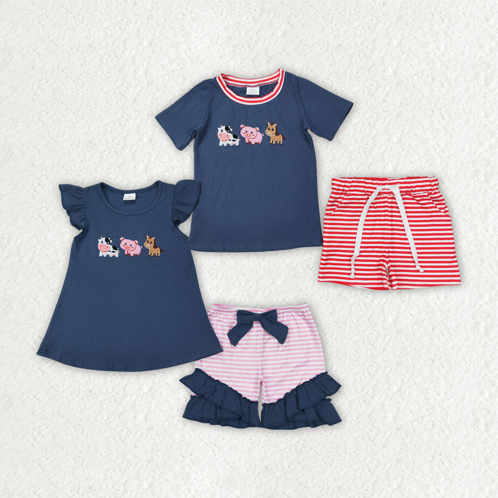 Sibling Embroidery Boys Baby Girls Blue Farm Animals Summer Outfits