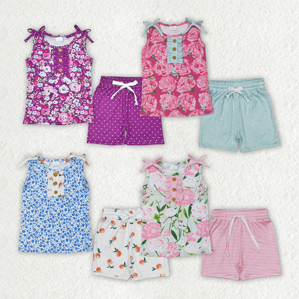 Sibling 4 colors Baby Girls Sleeveless Floral Button Top Shorts Set