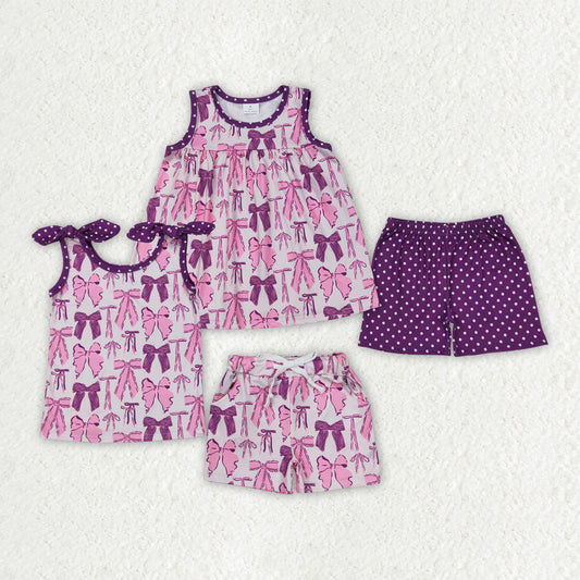 Sibling Baby Girls Purple Bows Summer outfits Clothing Sets