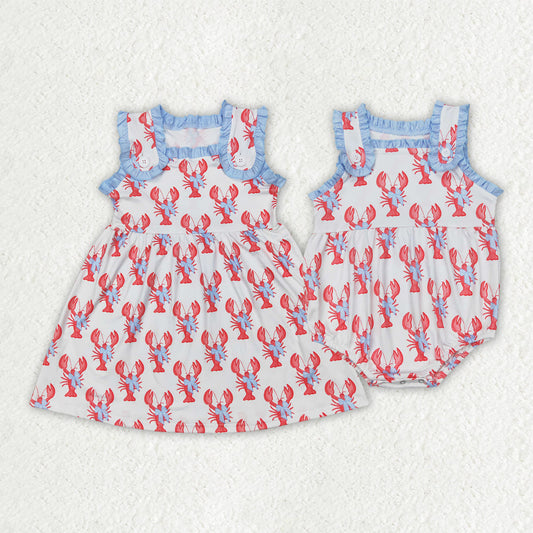Sibling Baby Girls Crawfish Bows Straps Rompers Dresses