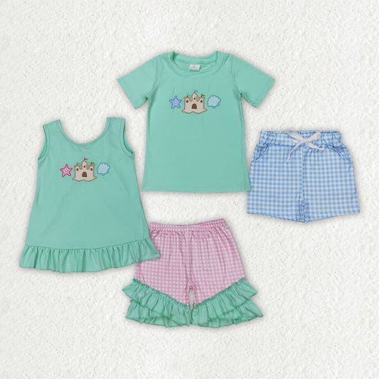 Sibling Embroidery Baby Girls Castle Star Summer Outfits Sets