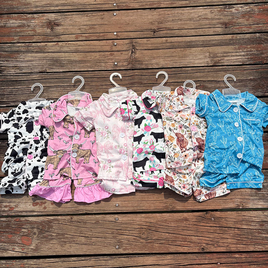 6 Colors Western Girls Boys Button Up Pajamas Sets