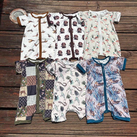 Sibling Baby Boys Hunting Duck Short Sleeve Zip Rompers