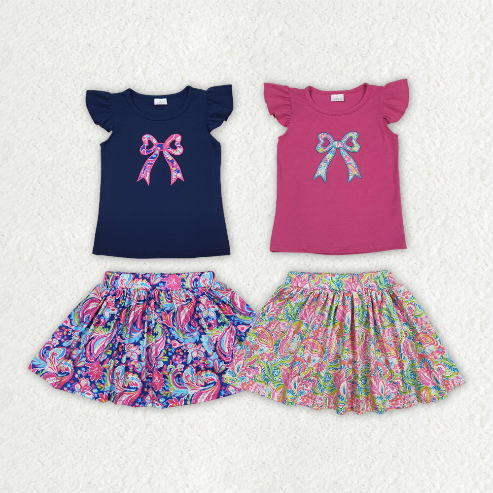 Sibling Embroidery Baby Girls Navy Bow Shirts Shorts Skirt Clothes Sets