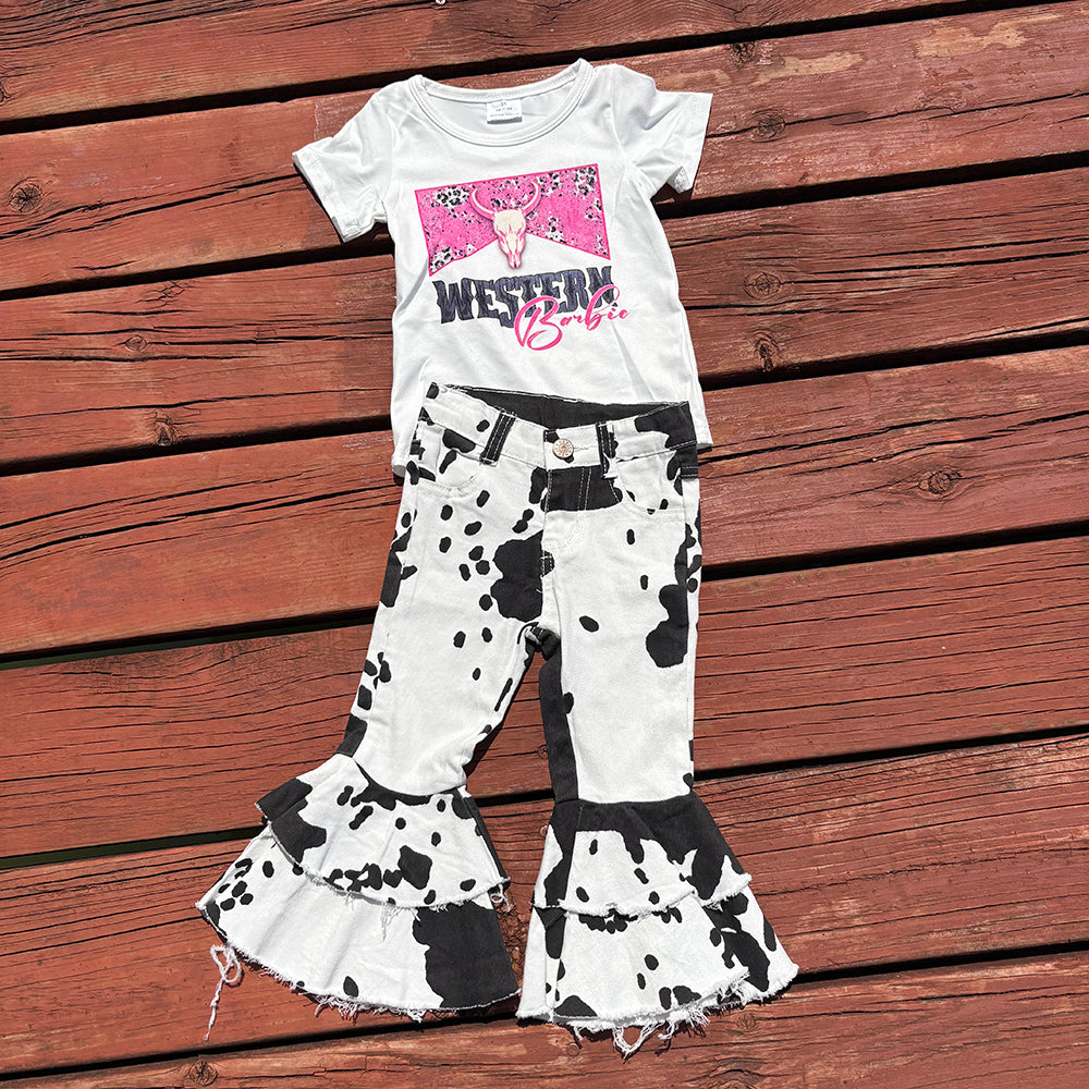 Western Doll White Shirt Cowhide Bell Bottom Jeans Sets
