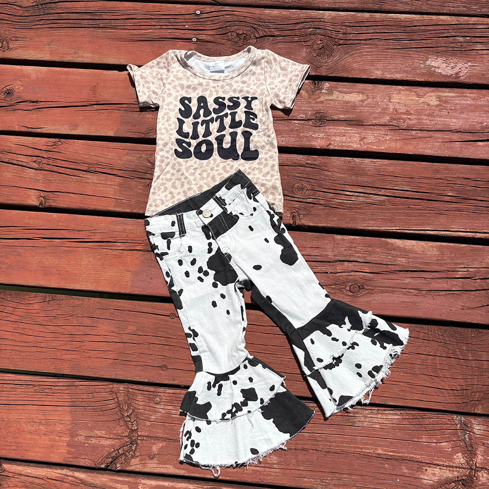 Western Sassy Little Soul Shirt Cowhide Bell Bottom Jeans Sets