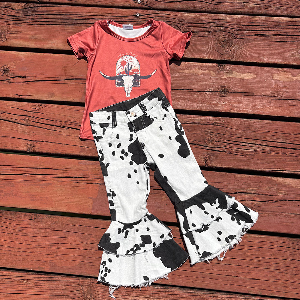 Western Cow Skull Shirt Cowhide Bell Bottom Jeans Sets