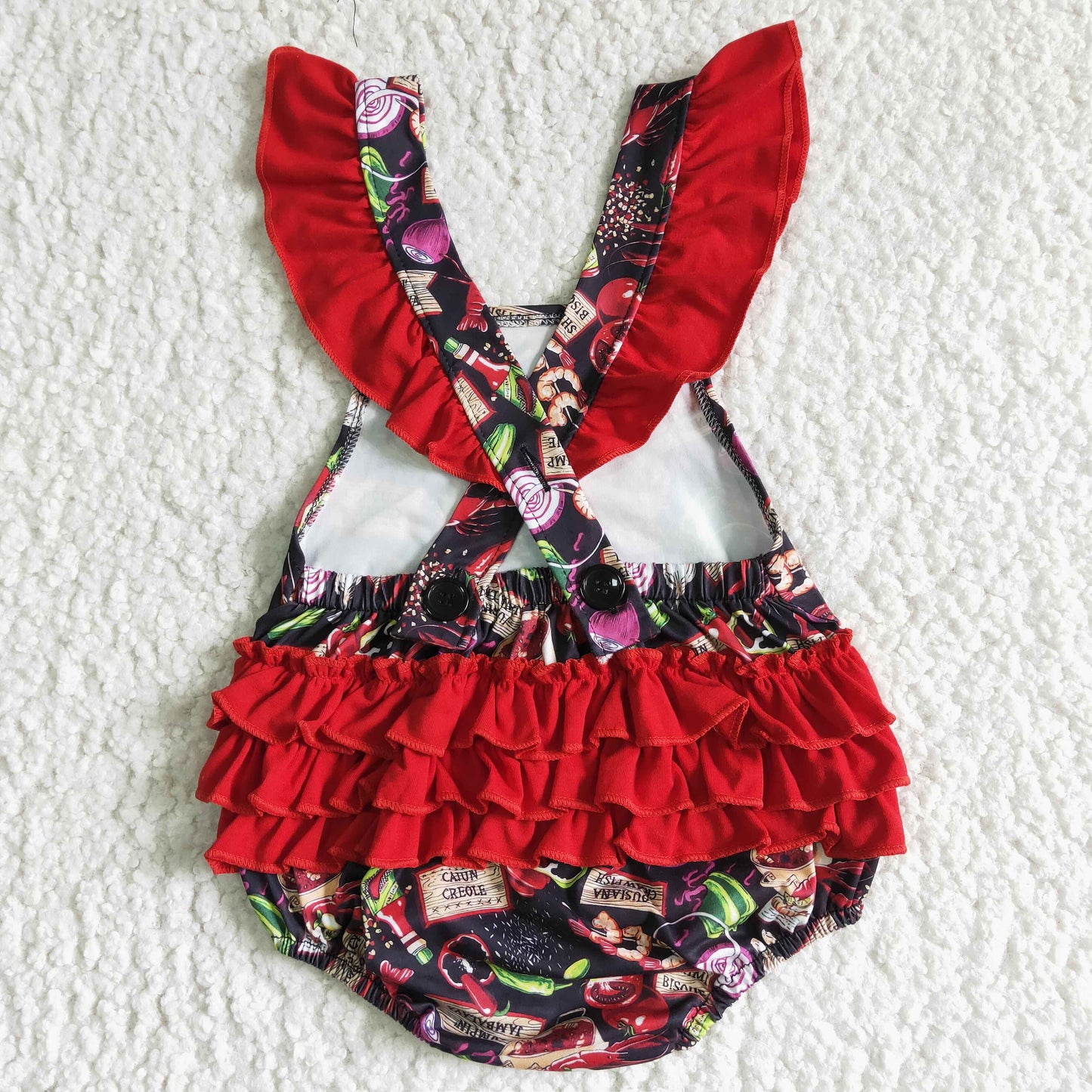 Red fruit ruffle romper