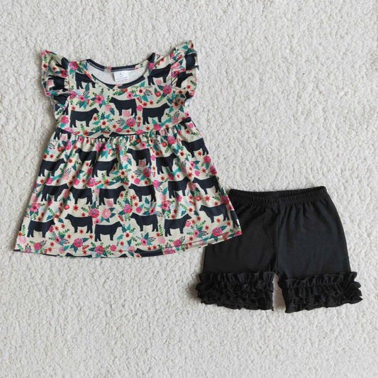 horse flower top black ruffle shorts set