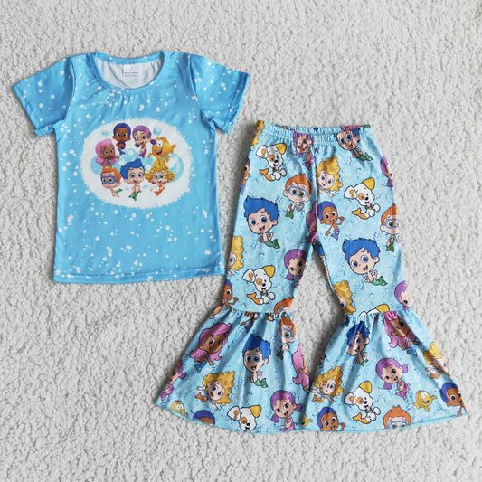 cartoon blue girl short sleeve T-shirt bell bottom set