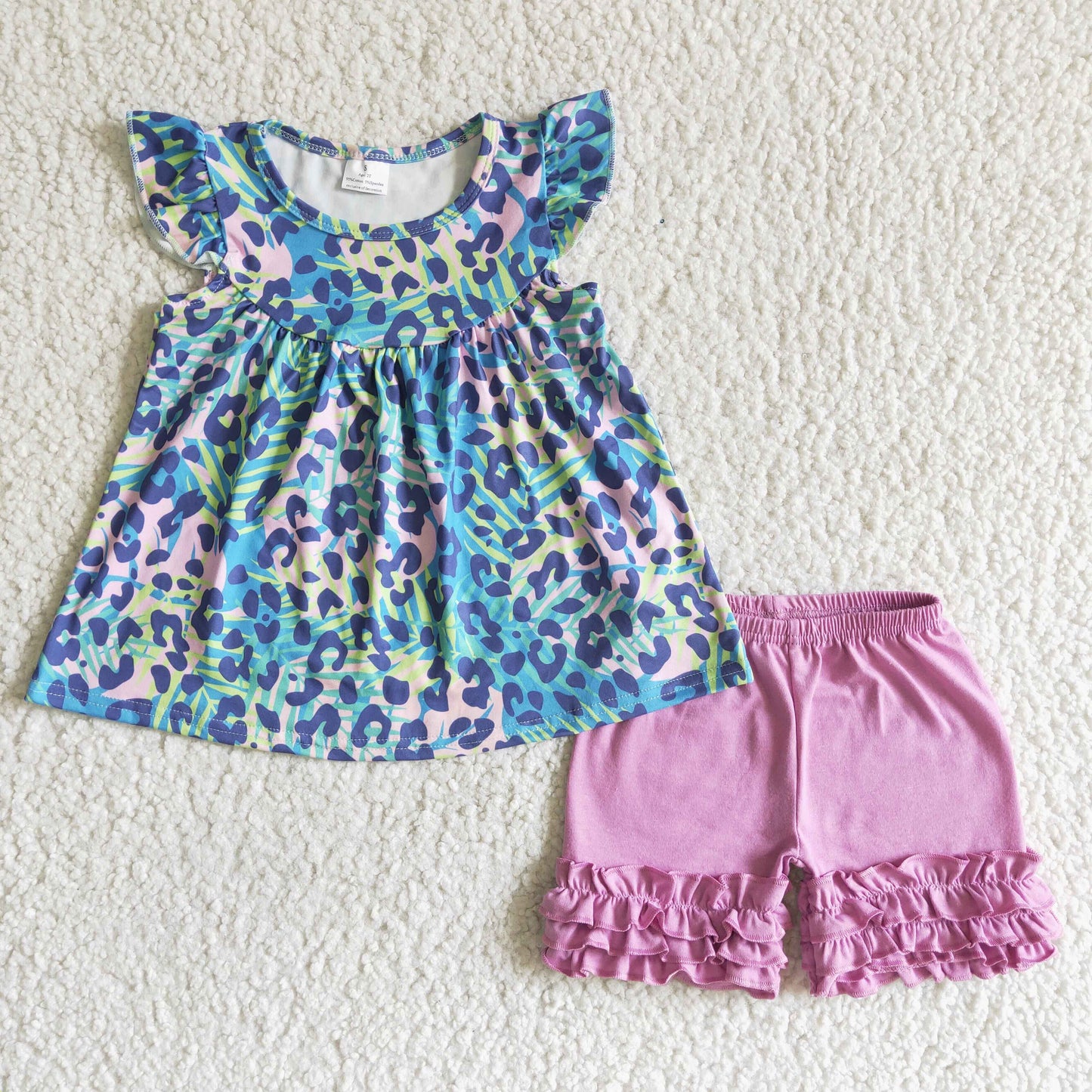 Leopard flutter sleeve top purple shorts set