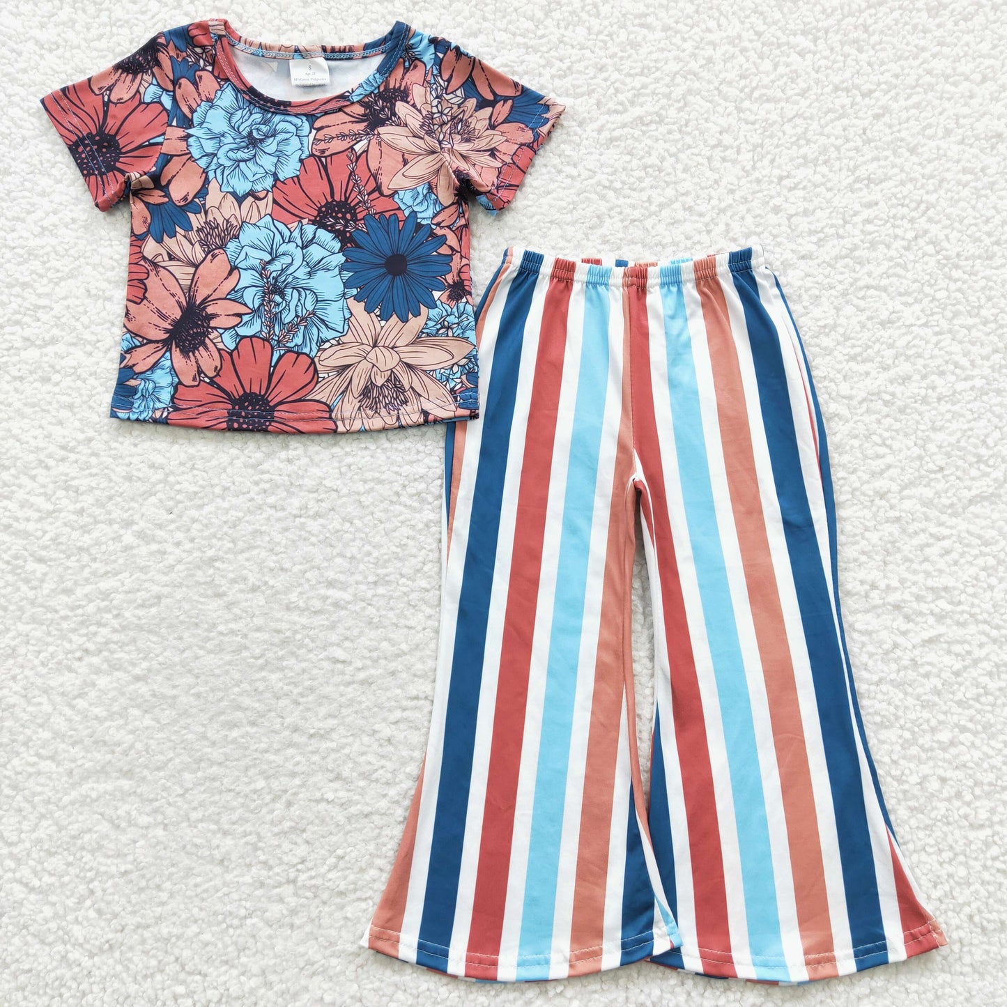 blue floral tops stripe bell bottoms sets GSPO0578