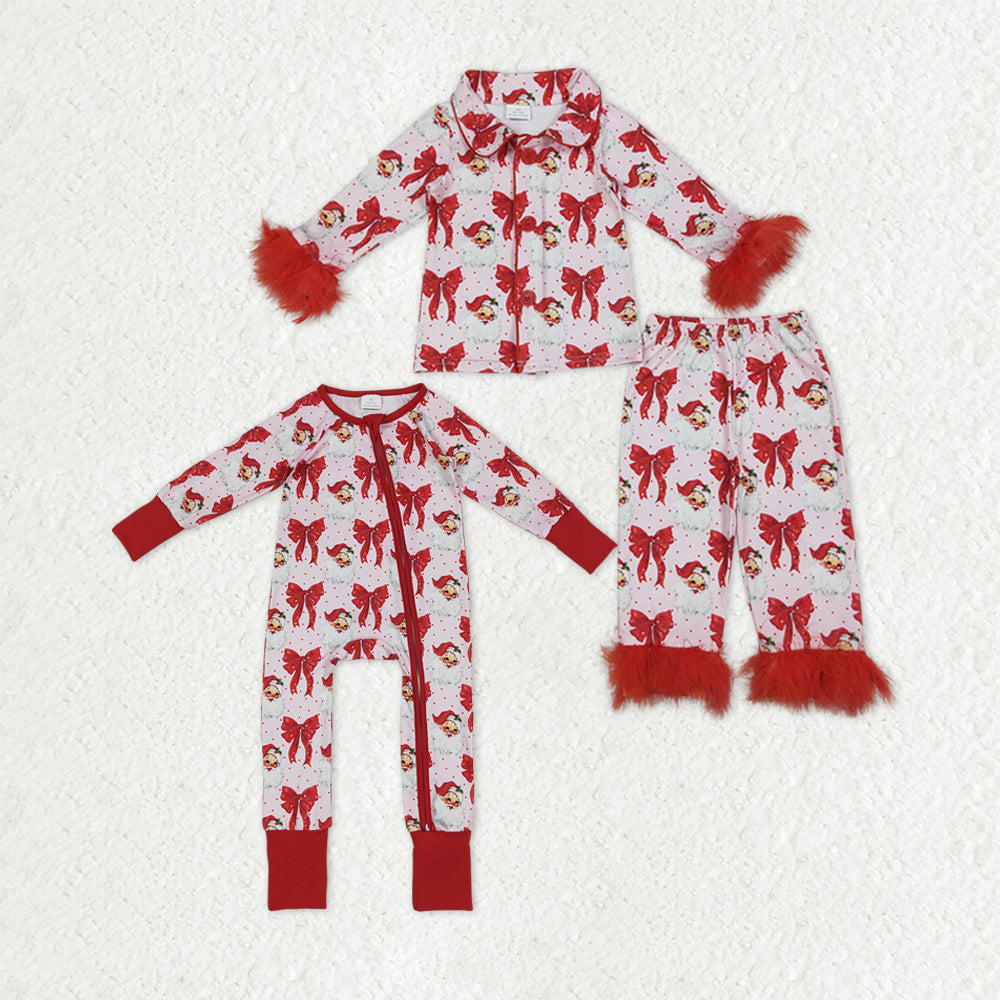 Sibling Baby Girls Red Bows Santa Christmas Zipper Footie Rompers Button Fur Pajamas Sets