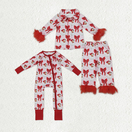 Sibling Baby Girls Red Bows Santa Christmas Zipper Footie Rompers Button Fur Pajamas Sets