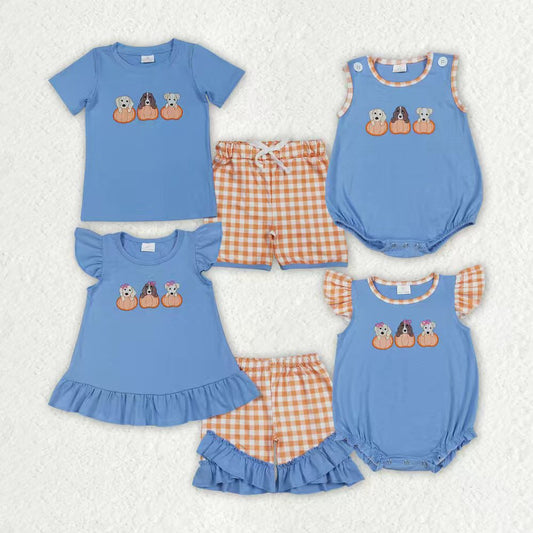 Sibling Baby Boys Girls Embroidery Pumpkins Dogs Shorts Clothes Sets Rompers
