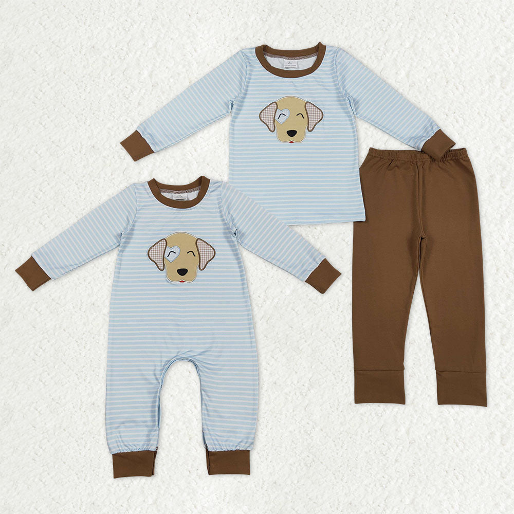 Sibling Baby Boys Embroidery Dogs Stripe Pants Clothes Set Rompers