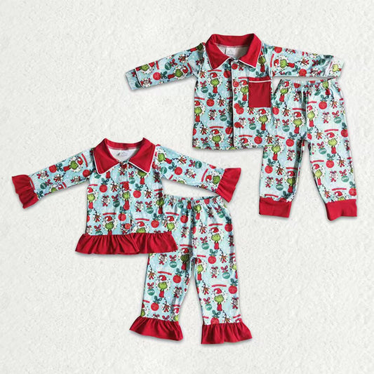 Sibling Baby Kids Green Faces Miss Button Top Pants Christmas Pajamas Sets