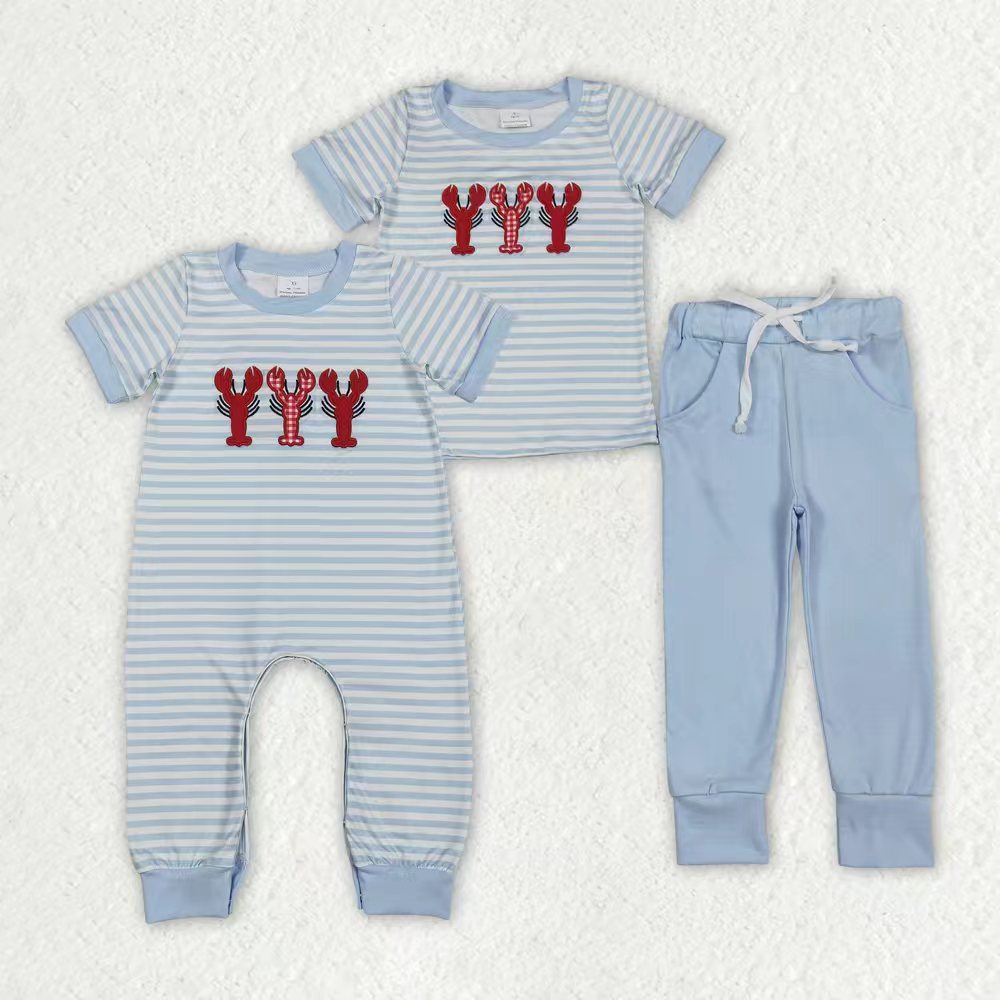 Sibling Baby Boys Embroidery Crayfishes Stripe Pockets Pants Clothes Set Footie Rompers