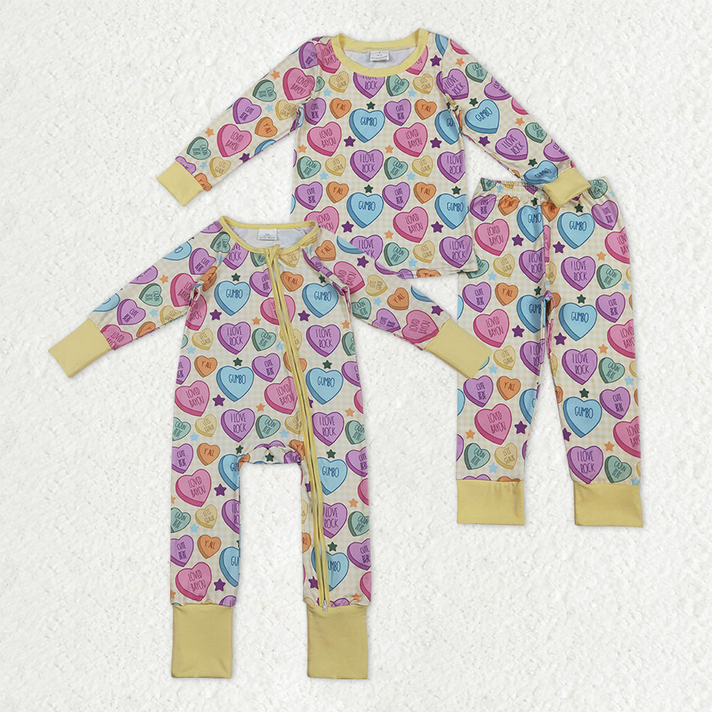 Sibling Baby Girls Colorful Hearts Stars Pants Valentines Pajamas Sets Two Way Zip Convertible Rompers