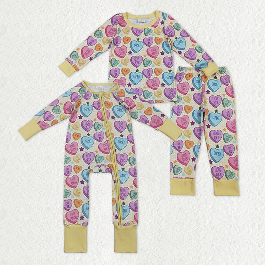 Sibling Baby Girls Colorful Hearts Stars Pants Valentines Pajamas Sets Two Way Zip Convertible Rompers