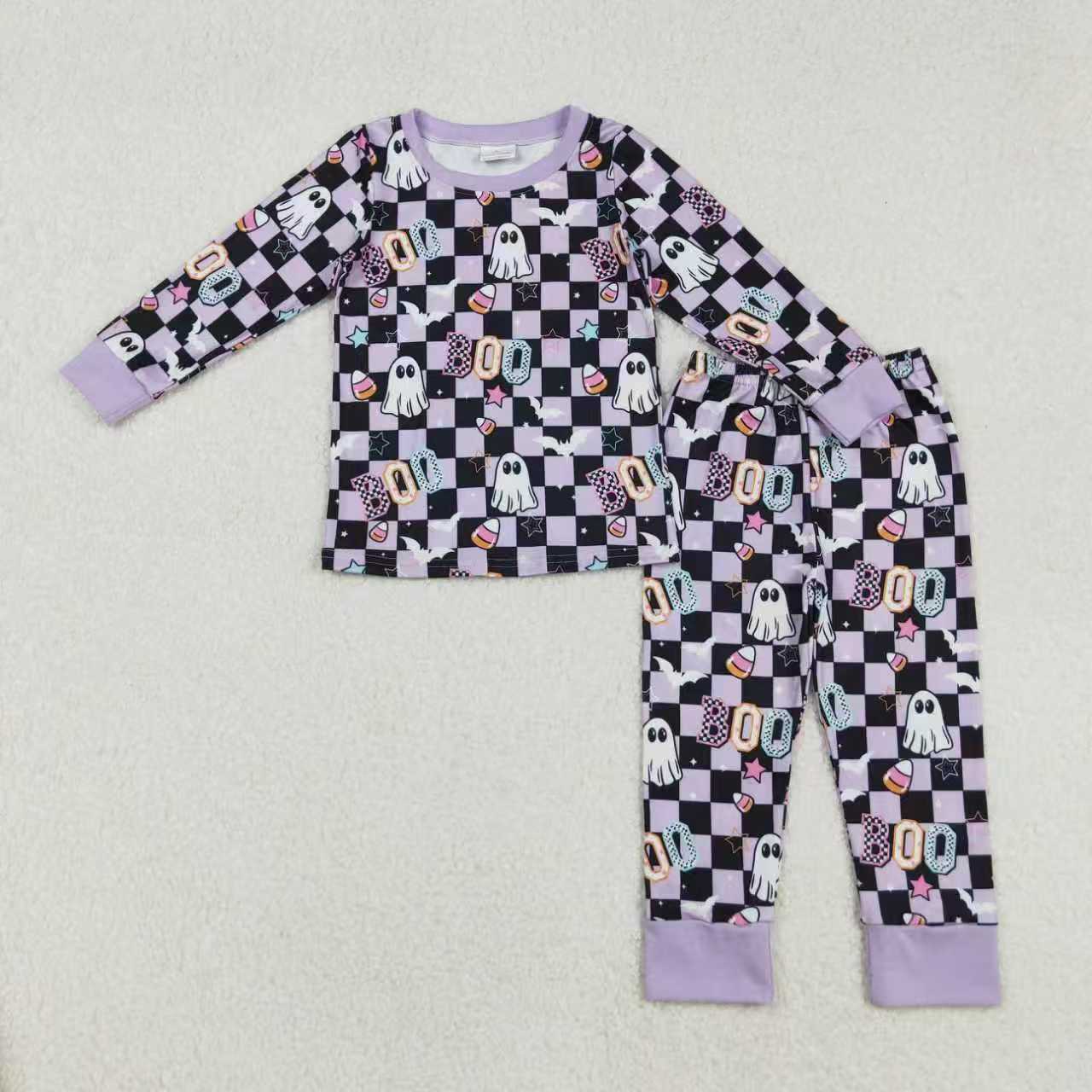 Sibling Baby Girls Black Lavender Checked Ghosts Halloween Pajamas Sets Zipper Footie Rompers