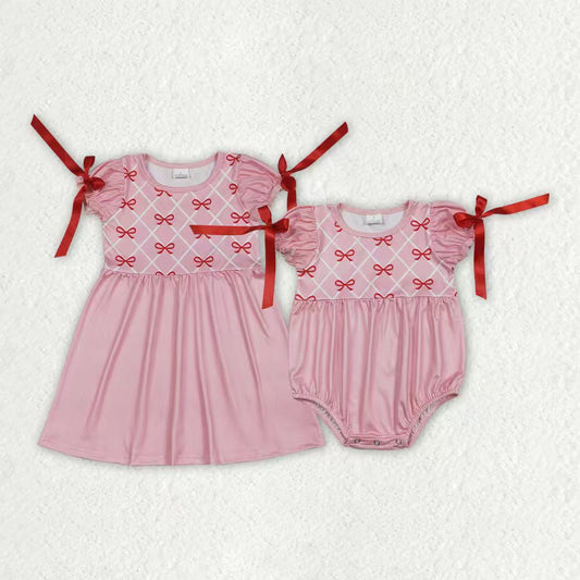 Sibling Baby Girls Red Bows Checked Knee Length Dresses Ruffle Rompers