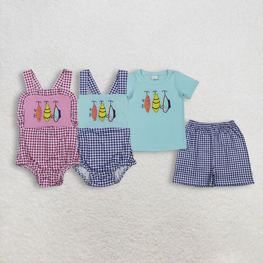 Sibling Baby Kids Embroidery Fishing Top Checked Shorts Hunting Clothes Set Strap Rompers
