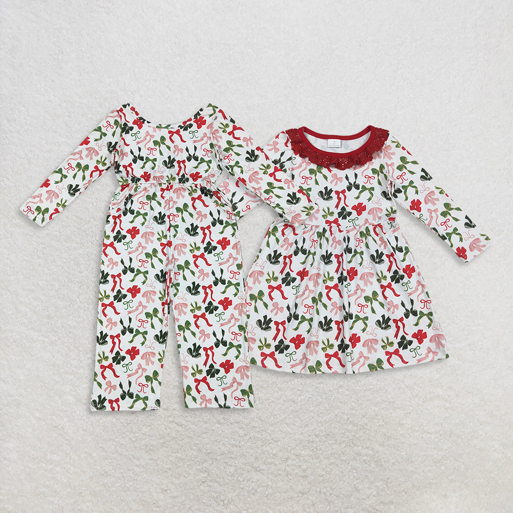 Sibling Baby Girls Christmas Green Red Bows Pockets Jumpsuits Knee Length Dress