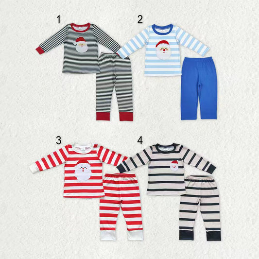 Embroidery Santa Sibling Baby Boys Stripes Shirt Top Pants Christmas Pajamas Sets