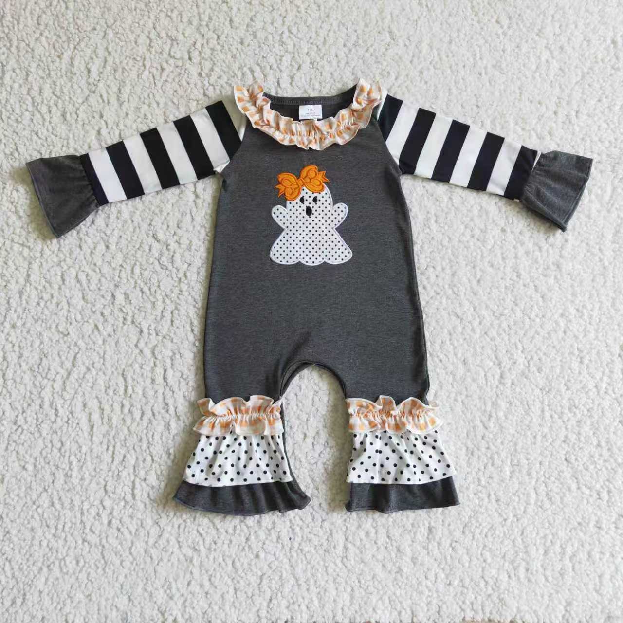 Sibling Baby Girls Black Stripe Embroidery Ghost Tunic Leggings Pants Halloween Clothes Sets Rompers
