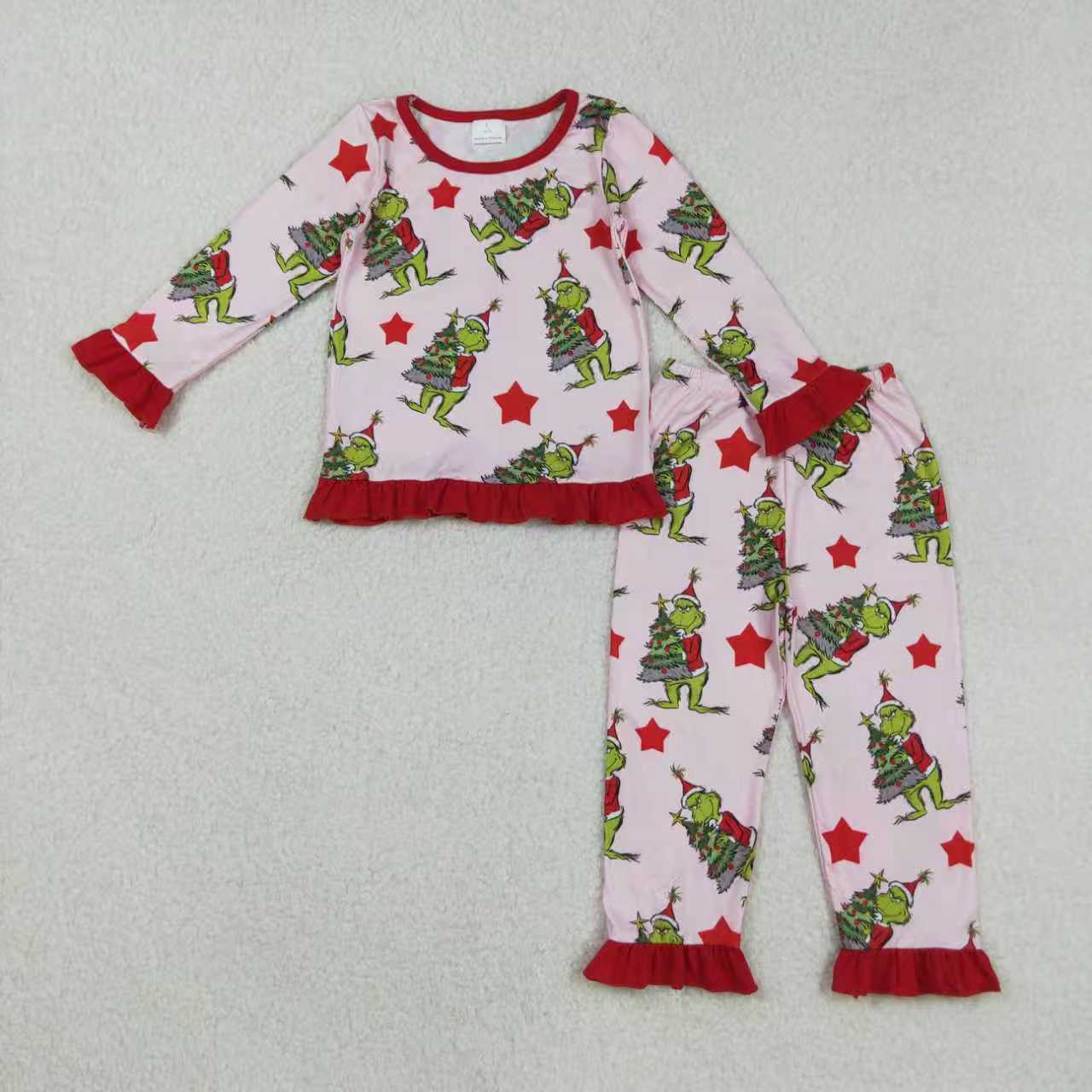 Sibling Baby Girls Christmas Green Face Stars Pajamas Set Zipper Footie Romper Knee Length Dresses