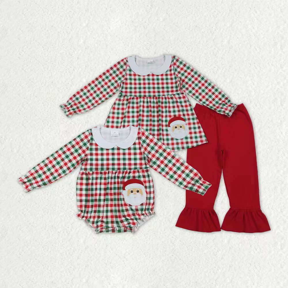 Sibling Baby Girls Red Green Checked Embroidery Santa Tunic Ruffle Pants Christmas Set Rompers