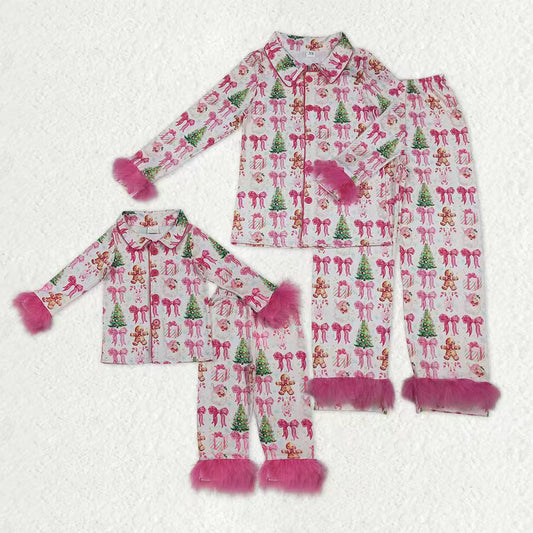 Mama and Me Pink Bows Santa Trees Button Top Pants Christmas Fur Pajamas Sets