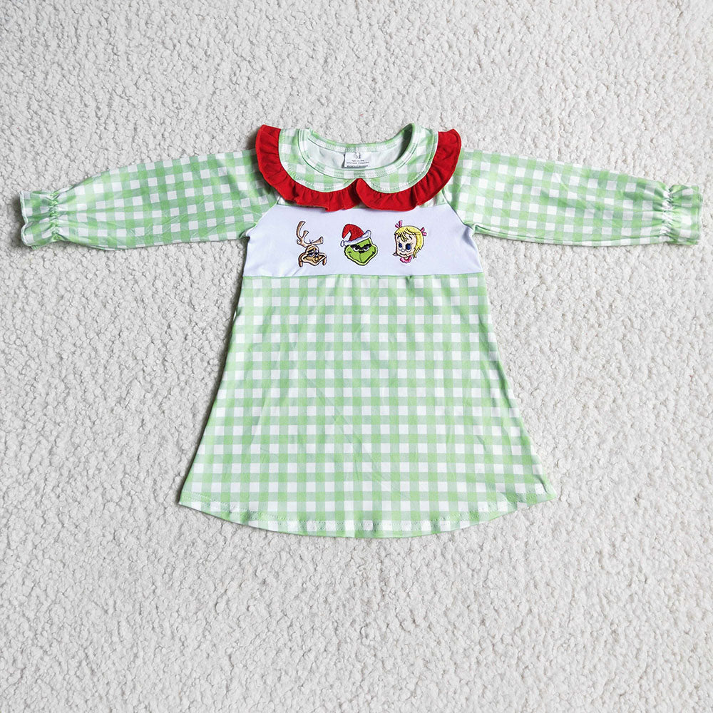 Sibling Baby Boys Girls Embroidery Green Checked Green Face Christmas Clothes Sets Rompers Knee Length Dresses