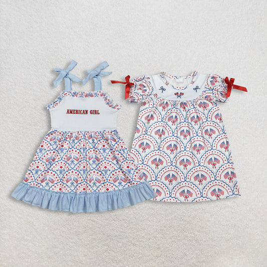 Sibling Baby Girls Embroidery Bows Flags Checked 4th of July Knee Length Dresses