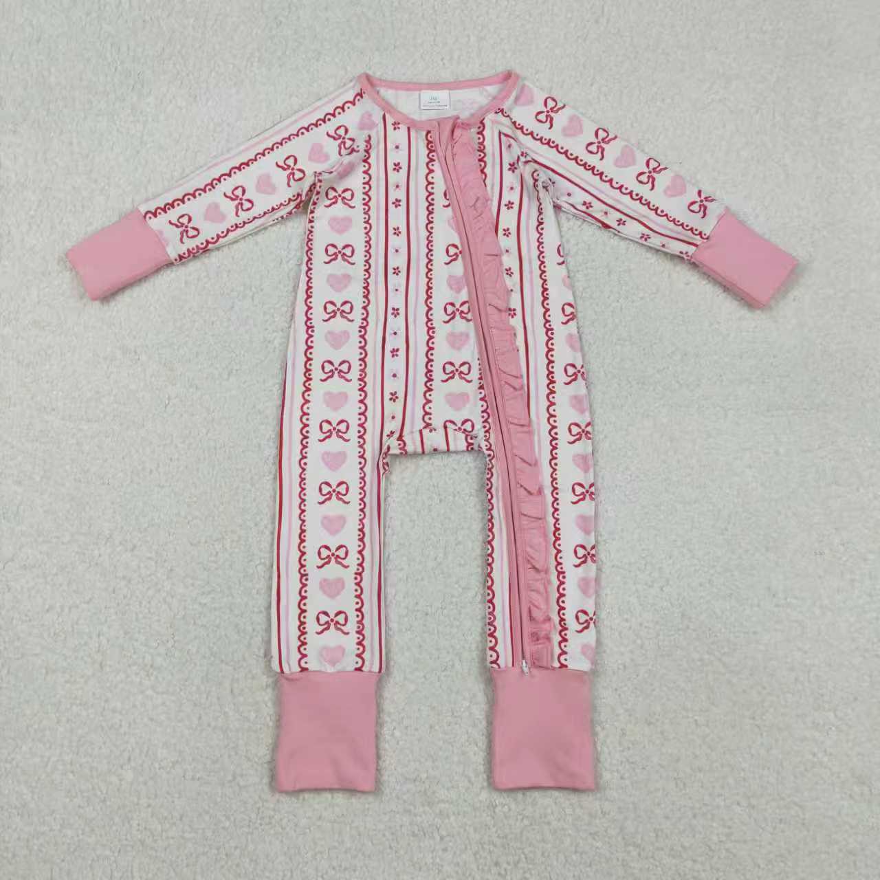 Sibling Baby Girls Pink Hearts Bows Stripes Valentines Pajamas Sets Ruffle Zipper Rompers