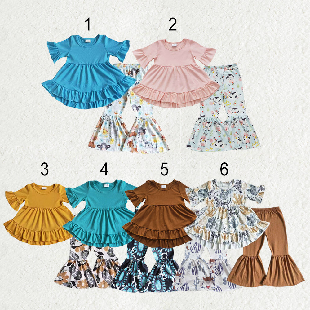 Sibling Baby Girls Short Ruffle Sleeve Ruffle Tunic Farm Western Bell Bottom Pants Clothes Sets
