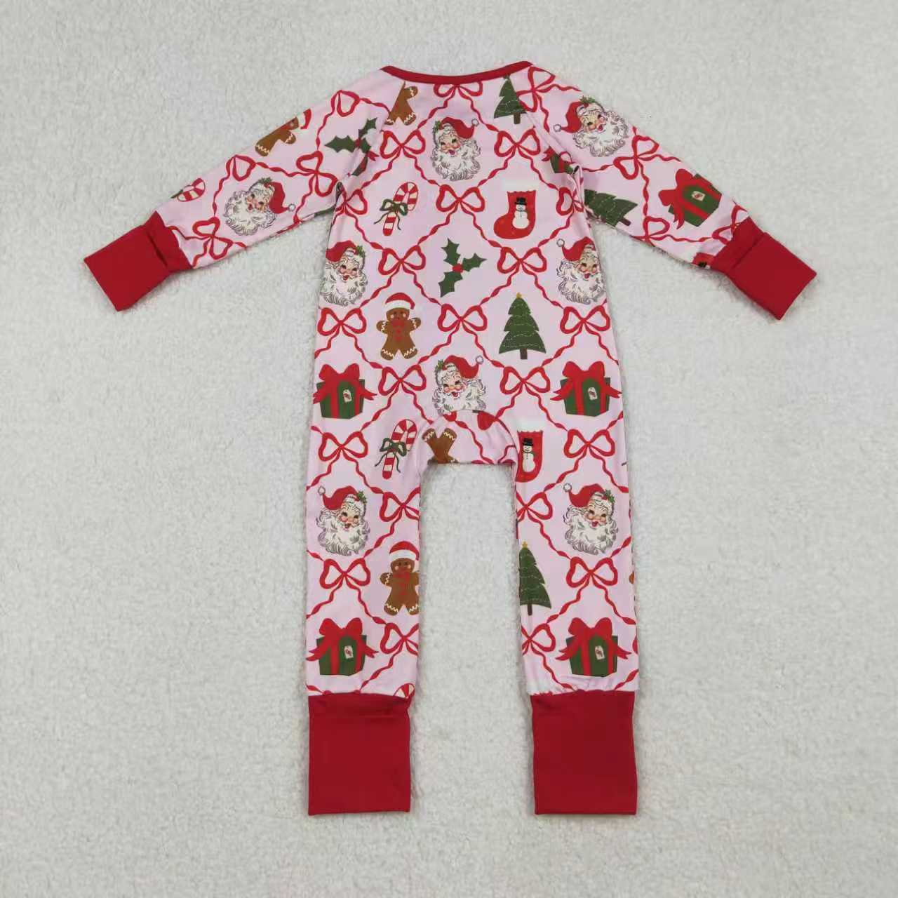 Mama and Me Bows Santa Socks Checked Top Pants Christmas Pajamas Sets Zipper Rompers