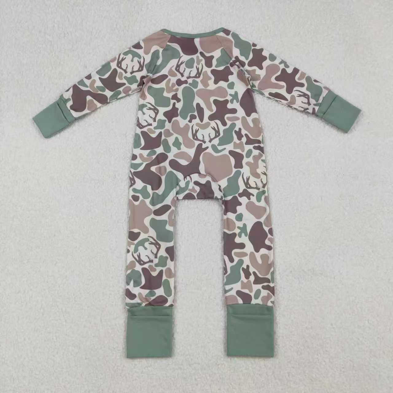 Sibling Baby Boys Green Brown Deer Camo Hunting Pajamas Sets Zipper Rompers Hoodies Top