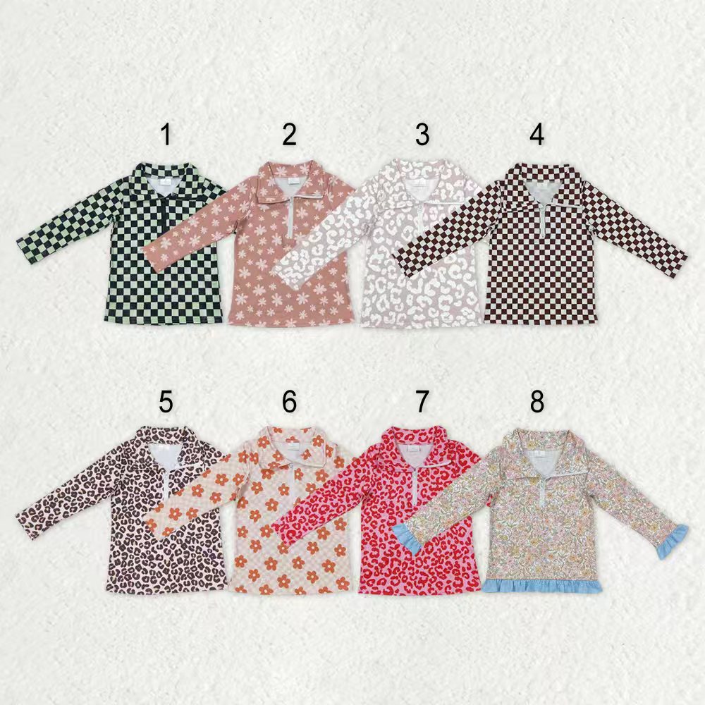Sibling Baby Girls Boutique Flowers Checked Long Sleeves Half Zipper Pullovers Tops