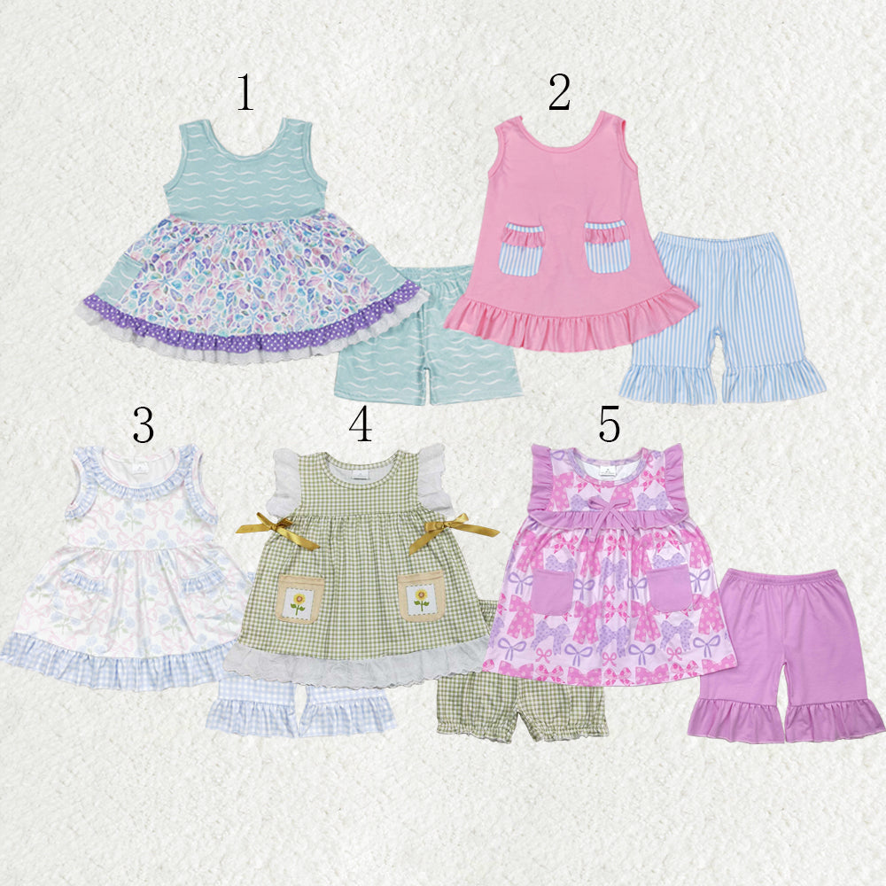 Sibling Baby Girls Sleeveless Floral Bows Pockets Tunic Ruffle Shorts Set