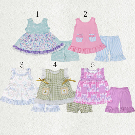 Sibling Baby Girls Sleeveless Floral Bows Pockets Tunic Ruffle Shorts Set