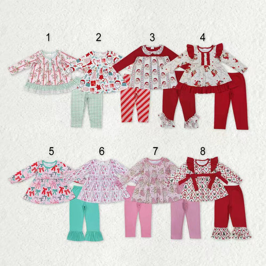 Sibling Baby Girls Long Ruffle Sleeves Santa Trees Bows Tunic Pants Christmas Clothes Sets